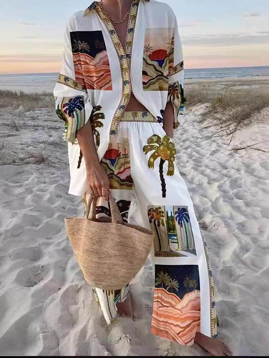 Palm Tree Print Slouchy Two-Piece Pants Set, Summer Beach Vacation Outfit