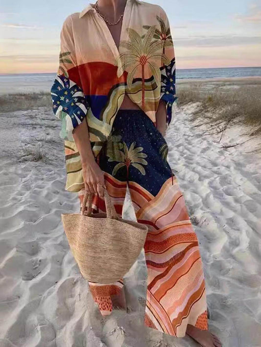 Sunset Palms Print Relaxed Pants Set, Summer Resort Vacation Outfit