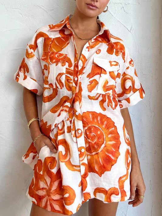 Printed Lapel Loose Shirt and Shorts Set, Summer Beach Resort Outfit