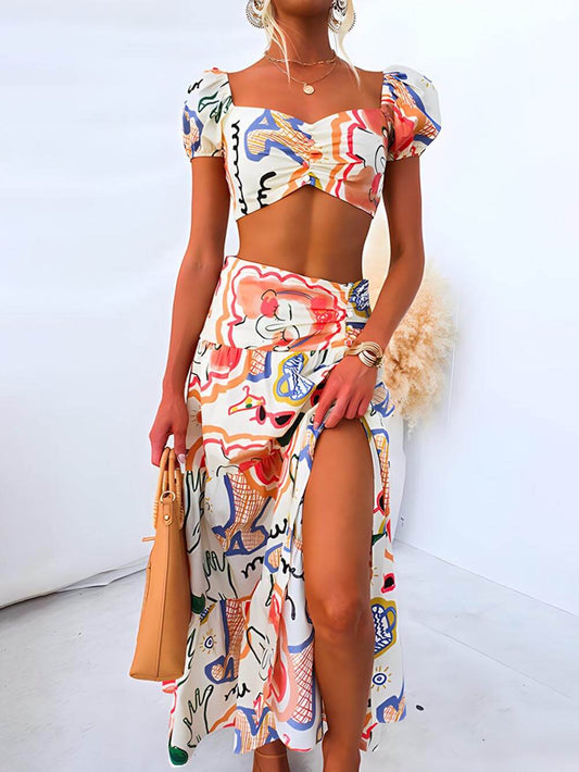 Summer Printed Top and Wrap Skirt Set, Summer Resort Two-Piece Outfit