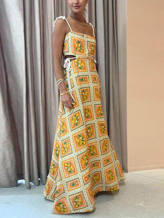 Lemon Print Camisole Strappy Maxi Dress