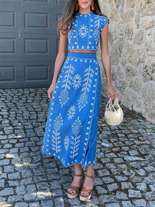LORÉVA Ethnic Print Tie-Up Wrap Midi Skirt Set