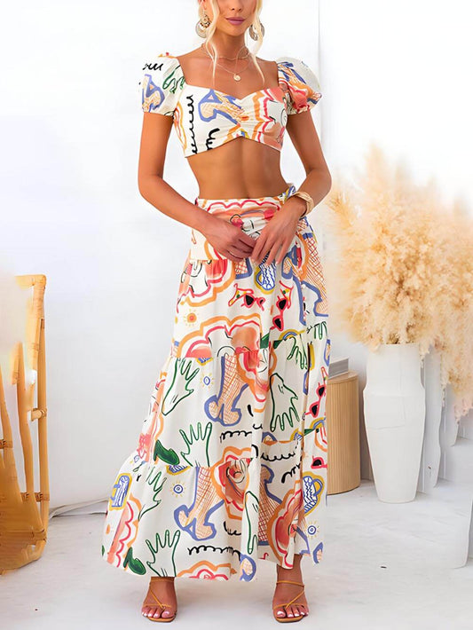LORÉVA Summer Printed Top and Wrap Skirt Set