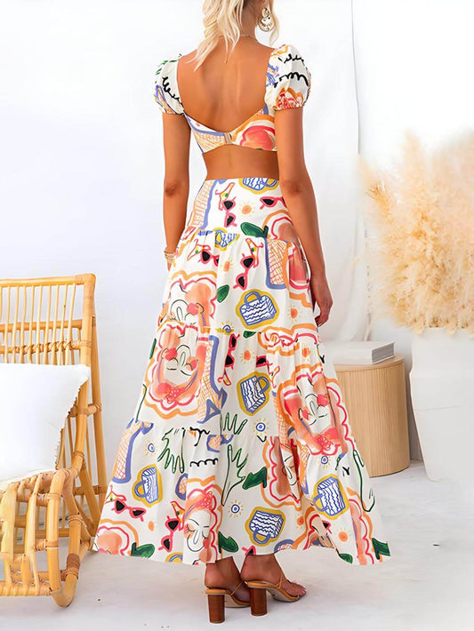 Summer Printed Top and Wrap Skirt Set, Summer Resort Two-Piece Outfit