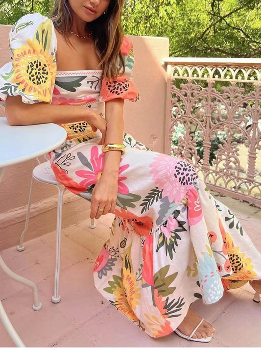 LORÉVA Floral Print Square Neck Bubble Sleeve Maxi Dress