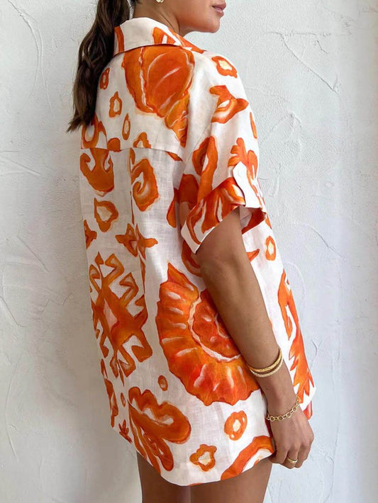 EMIRA Printed Lapel Loose Shirt and Shorts Set