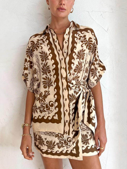Ethnic Print Button-Down Short Set, Summer Beach Resort Outfit