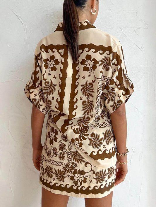 Ethnic Print Button-Down Short Set, Summer Beach Resort Outfit
