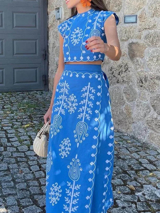 LORÉVA Ethnic Print Tie-Up Wrap Midi Skirt Set