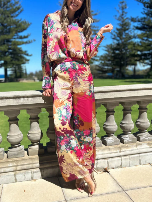 Floral Print Button-Down Pant Set, Summer Resort Vacation Outfit