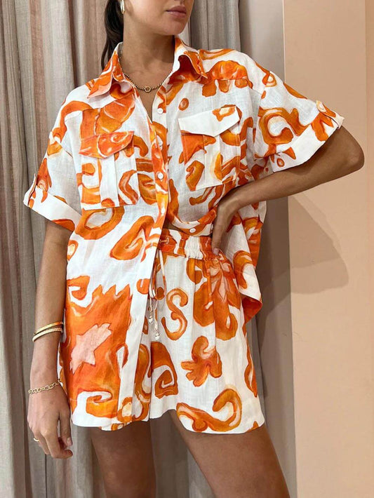 Printed Lapel Loose Shirt and Shorts Set, Summer Beach Resort Outfit
