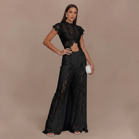 Lace Long-sleeved Top And Wide-leg Pants Set
