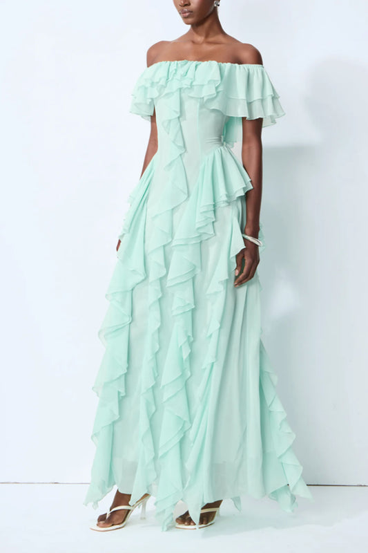 Off Shoulder Ruffled Chiffon Maxi Formal Dress