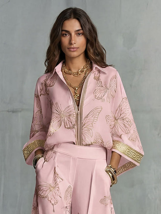 Elegant Butterfly Print Zip-Up Top & Wide Leg Pants Set