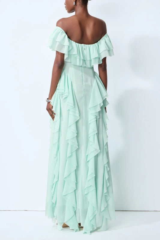 Off Shoulder Ruffled Chiffon Maxi Formal Dress