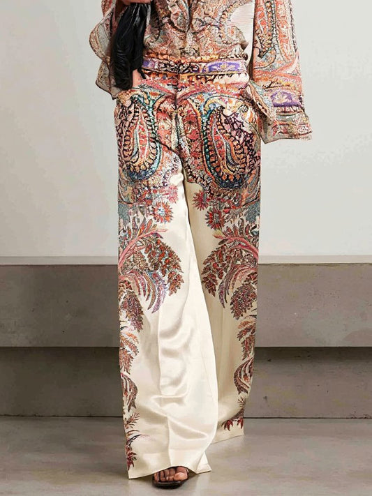 Elegant Satin Printed Oversized Shawl Top & Pants Two-Piece Set