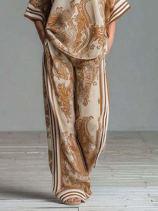 Retro Baroque Print Deep V-Neck Relaxed Fit Blouse