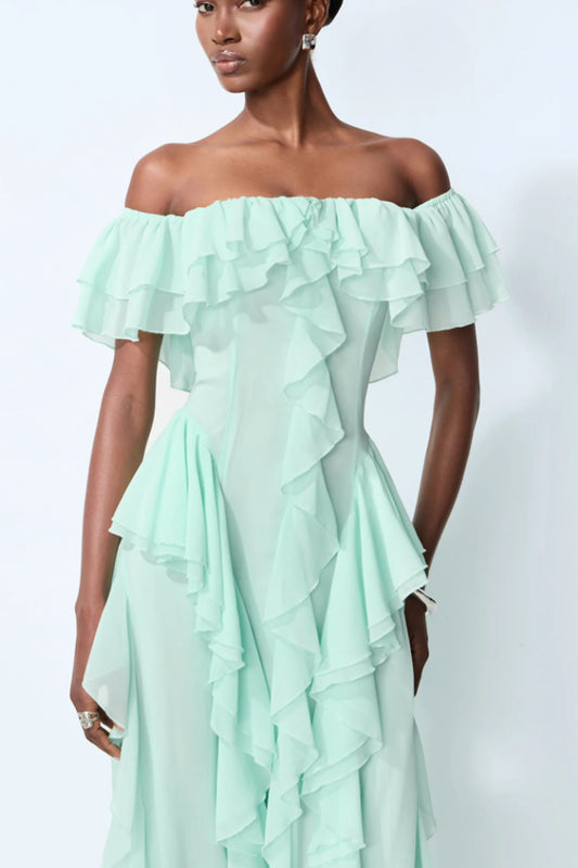 Off Shoulder Ruffled Chiffon Maxi Formal Dress