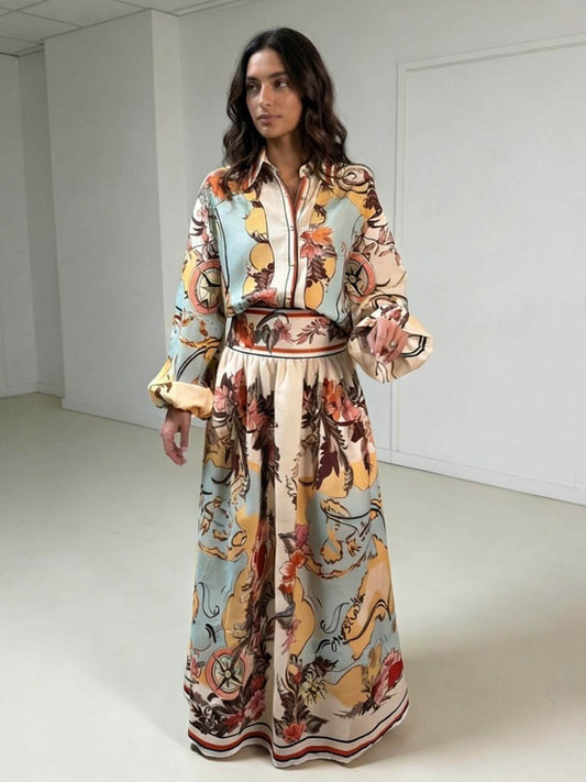 Retro Baroque Print High-Waisted Wide-Leg Pants