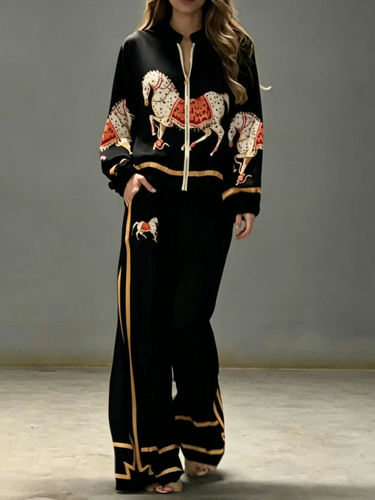 Exquisite Satin Horse Print Wide-Leg Pants
