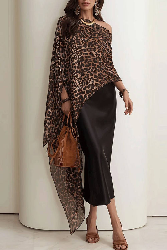 Vintage Leopard Print Contrast Shirt Long Dress