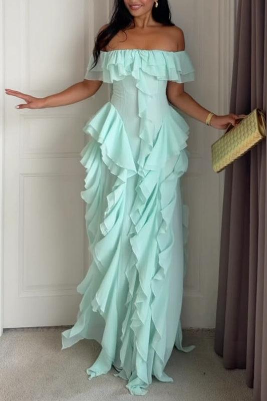 Off Shoulder Ruffled Chiffon Maxi Formal Dress