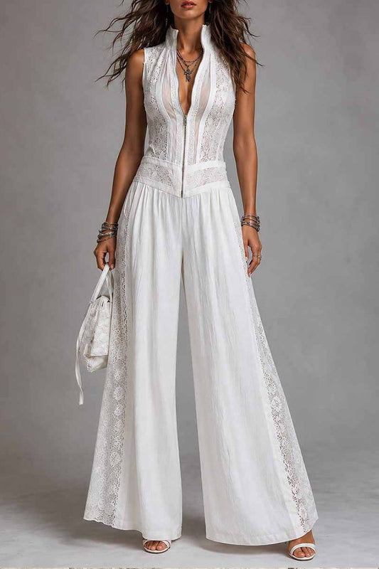 Sleeveless Zip‑Front Lace Spliced Wide Leg Jumpsuit