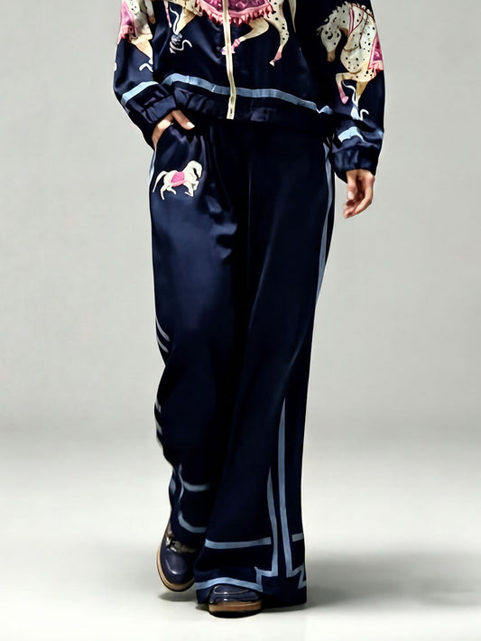 Exquisite Satin Horse Print Wide-Leg Pants
