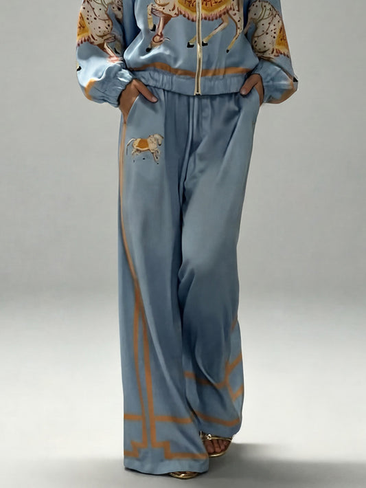 Exquisite Satin Horse Print Wide-Leg Pants