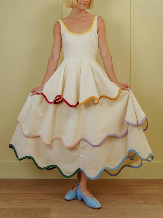 Elegant Color Trim Tiered Ruffle Sleeveless Maxi Dress