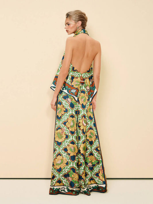Elegant Pearl-Embellished Chiffon V-Neck Tie-Waist Maxi Dress
