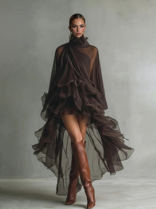 Elegant Ruffled Chiffon High-Neck Loose Midi Dress