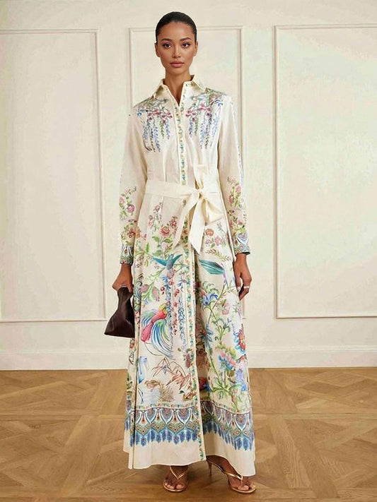 Elegant Pearl-Embellished Chiffon V-Neck Tie-Waist Maxi Dress