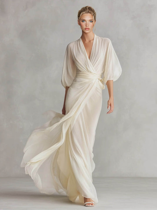 Elegant Pearl-Embellished Chiffon V-Neck Tie-Waist Maxi Dress