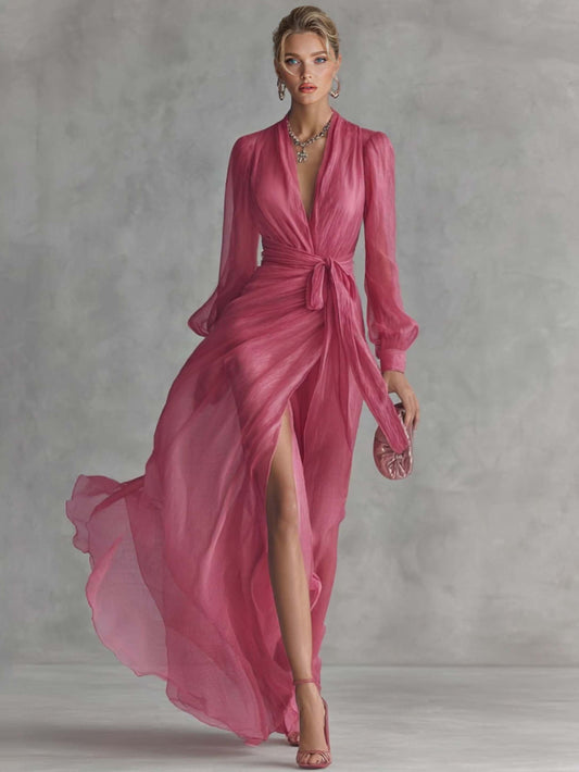 Elegant Pearl-Embellished Chiffon V-Neck Tie-Waist Maxi Dress