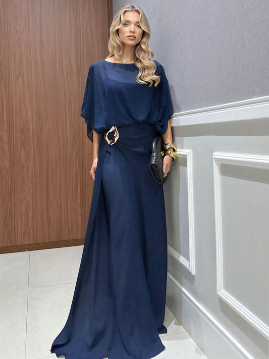 Elegant Pearl-Embellished Chiffon V-Neck Tie-Waist Maxi Dress
