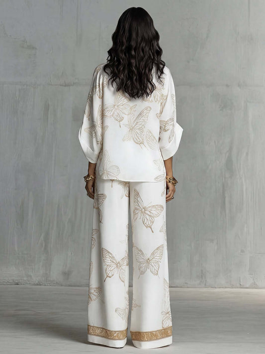 Elegant Butterfly Print Zip-Up Top & Wide Leg Pants Set