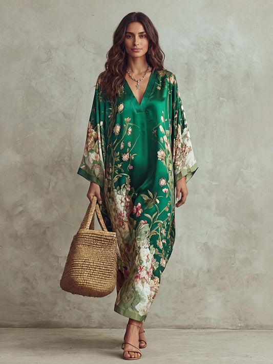 Elegant Pearl-Embellished Chiffon V-Neck Tie-Waist Maxi Dress