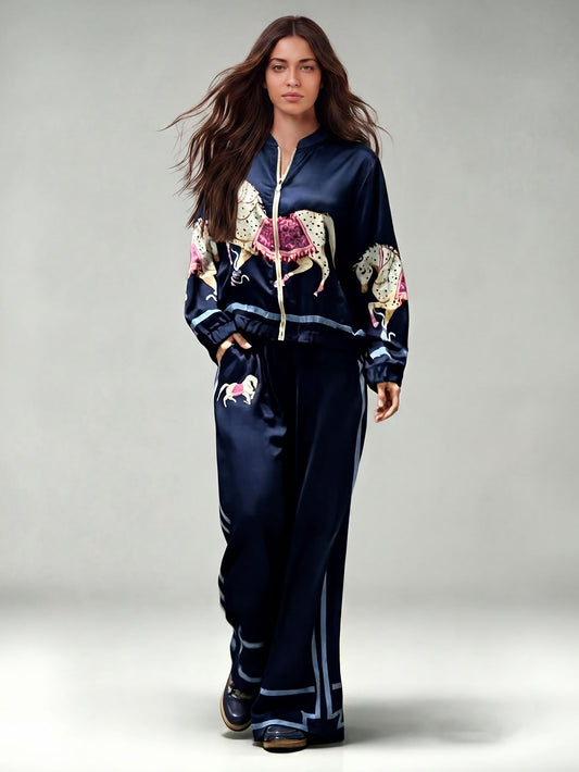 Exquisite Satin Horse Print Wide-Leg Pants
