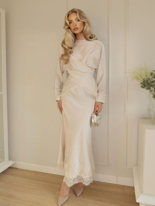 Elegant Satin Lace-trimmed Wrap Top Two-piece Set