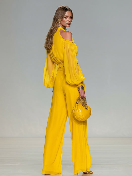 Elegant Sheer-Trim Shawl Strapless Jumpsuit