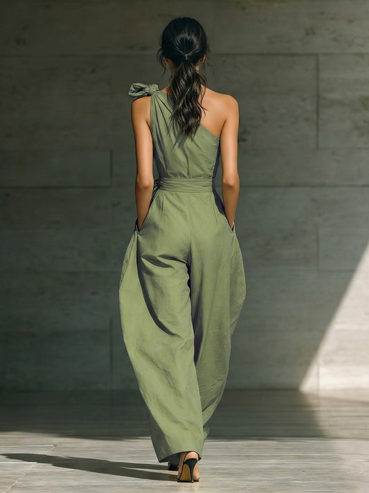 Elegant Sheer-Trim Shawl Strapless Jumpsuit