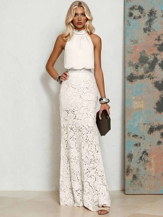 Sexy Lace-Trim Deep V-Neck High-Slit Maxi Dress