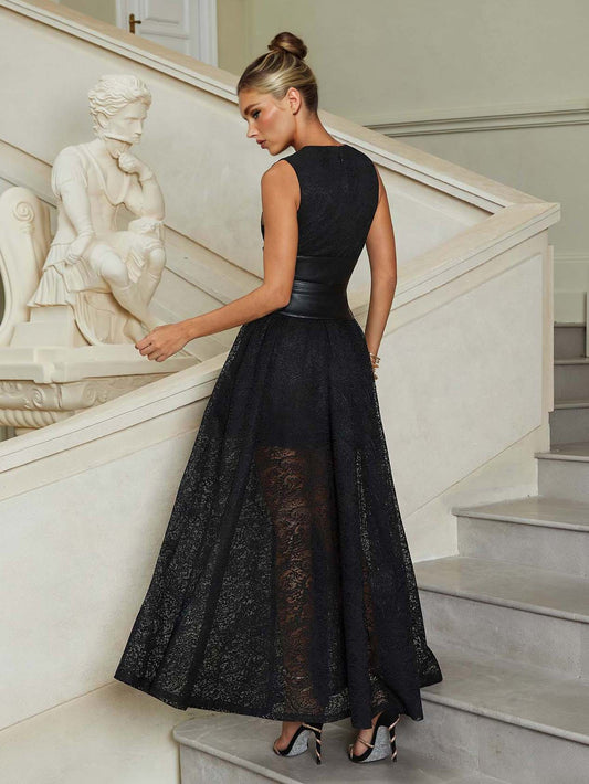 Sexy Lace-Trim Deep V-Neck High-Slit Maxi Dress