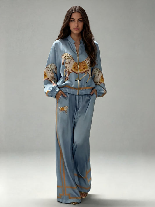 Exquisite Satin Horse Print Zip Jacket & Wide-Leg Pants Two-Piece Set