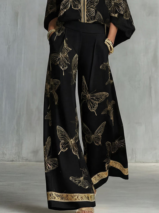 Elegant Butterfly Print Zip-Up Top & Wide Leg Pants Set