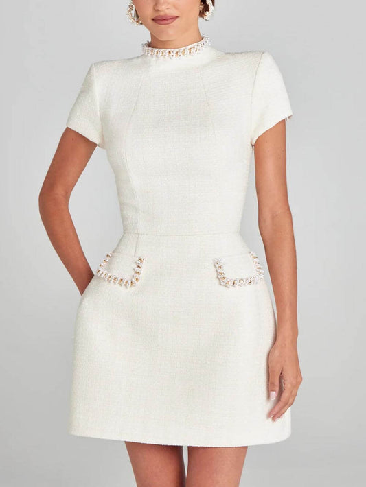 Pearl Trim Pocket Mini Dress, Summer Resort Beach Dress