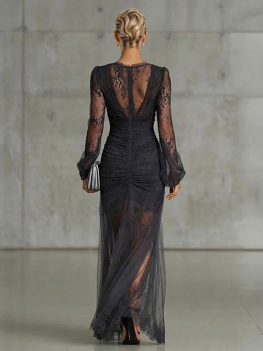 Charming Sheer Tulle Lace High Slit Maxi Dress