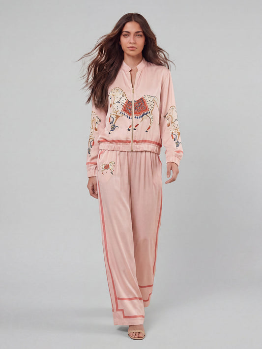 Exquisite Satin Horse Print Wide-Leg Pants