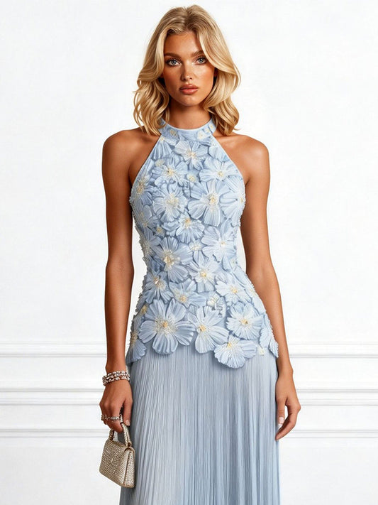 Elegant Halter Neck 3D Floral Appliqué Ruched Maxi Dress
